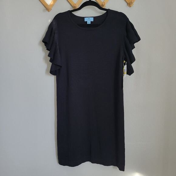 CeCe Flutter Ruffle Knit Black Sweater Shift Dress - Picture 3 of 9